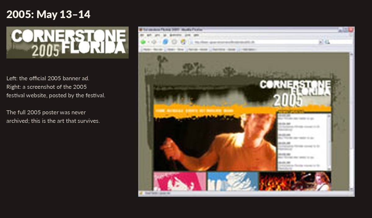 Cornerstone Florida 2005 festival banner and website screenshot from May 13-14, showing event branding and festival imagery