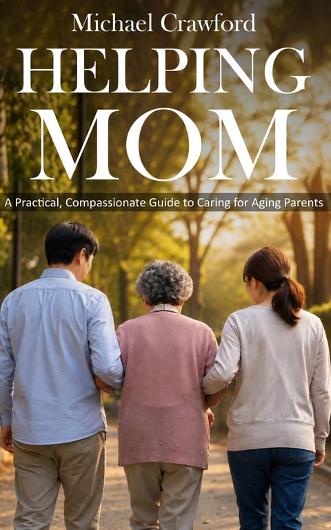 Book cover of Helping Mom by Michael Crawford showing three people walking together outdoors on a tree-lined path