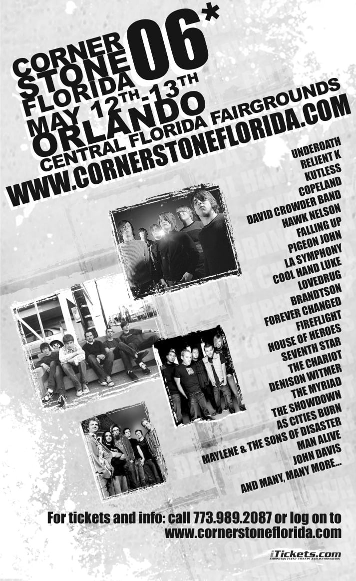 Cornerstone Florida 06 music festival poster featuring bands and event details for May 16-18 in Orlando at Central Florida Fairgrounds