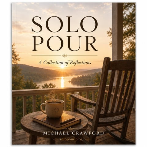 Book cover for Solo Pour showing a wooden chair on a deck overlooking a lake at sunset with a coffee mug