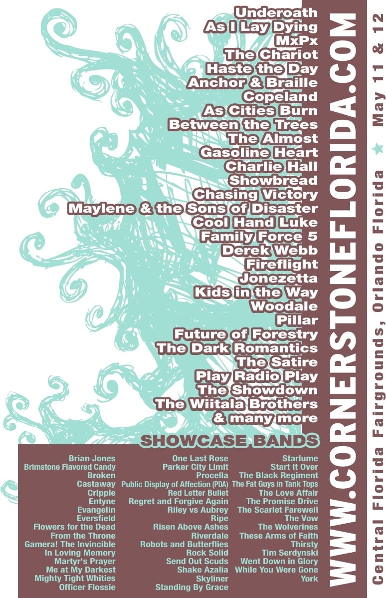 Poster for Cornerstone Festival in Bushkill, Pennsylvania, listing music acts and bands performing May 11-12