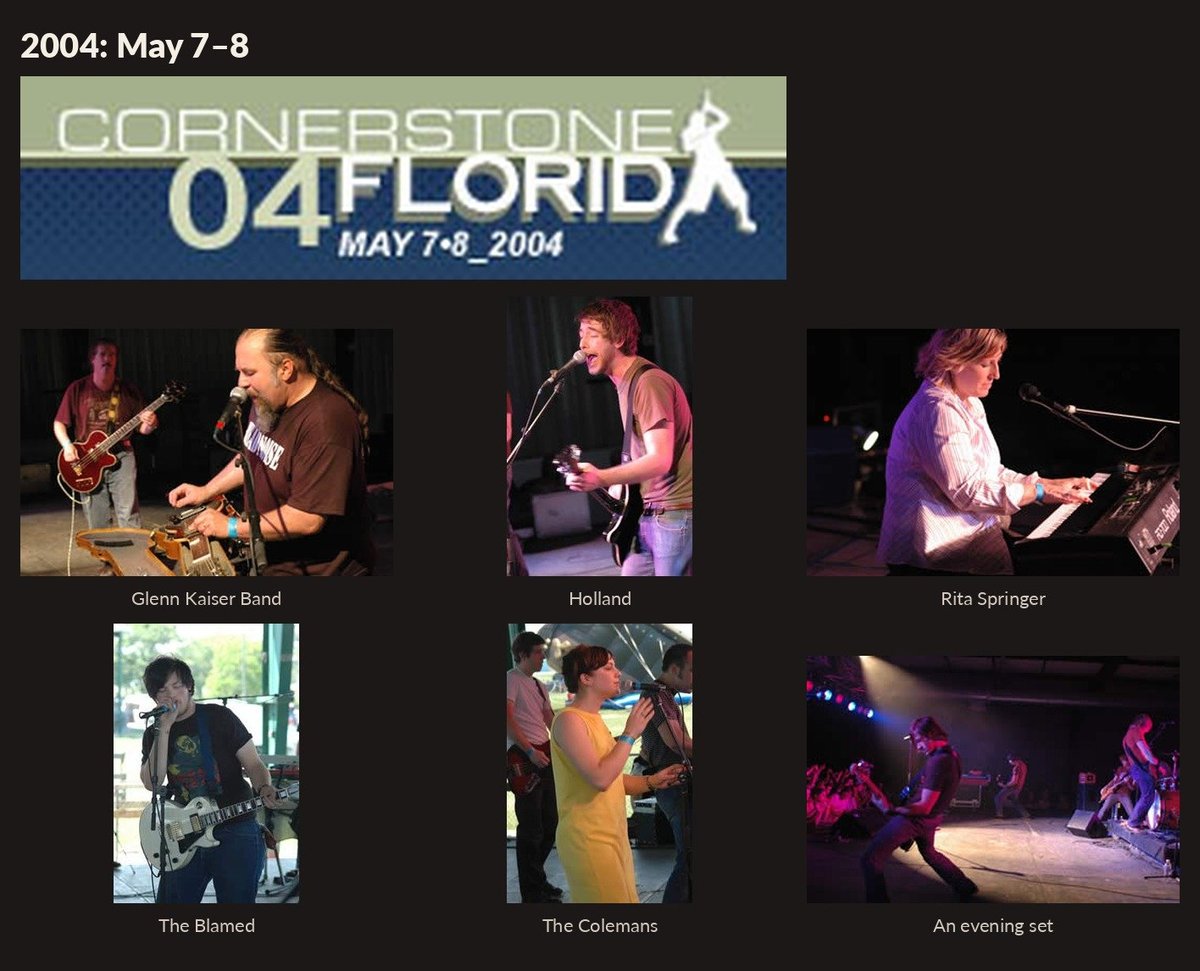 Cornerstone 2004 Florida music festival lineup featuring Glenn Kaiser Band, Holland, Rita Springer, The Blended, The Colemans, and an evening set performance